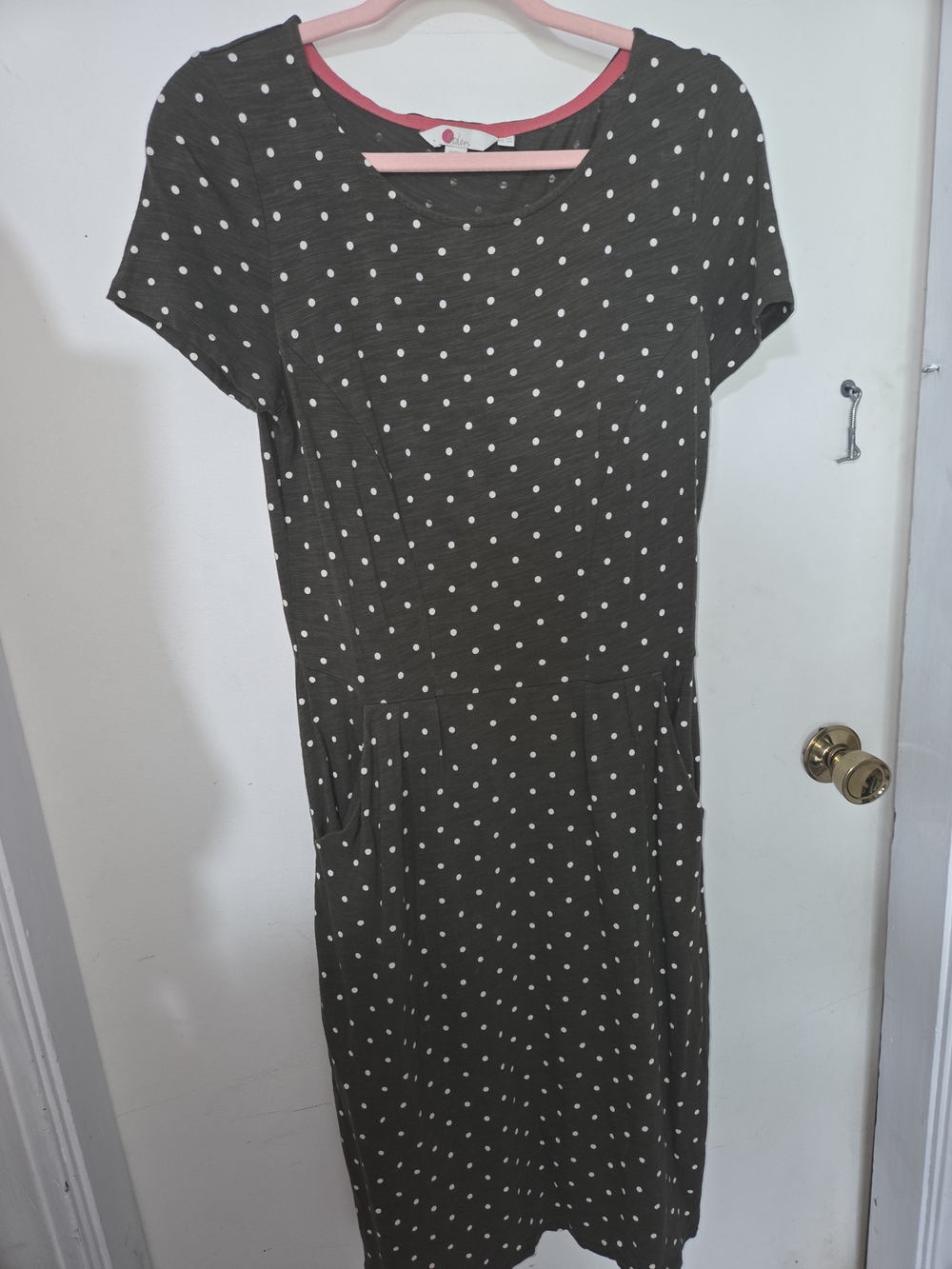Boden Olive Green with White Polka Dot Short Sleeve Midi Dress